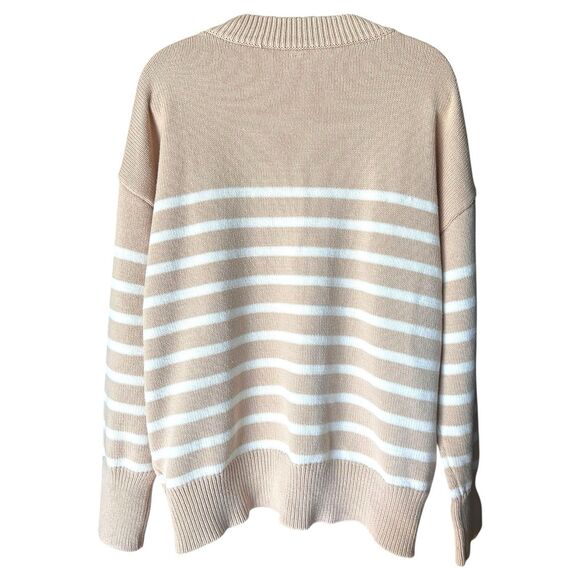 Neutral Beige/White Stripe Crew Neck Pullover Sweater Sz L Classic Minimalist - Picture 5 of 6
